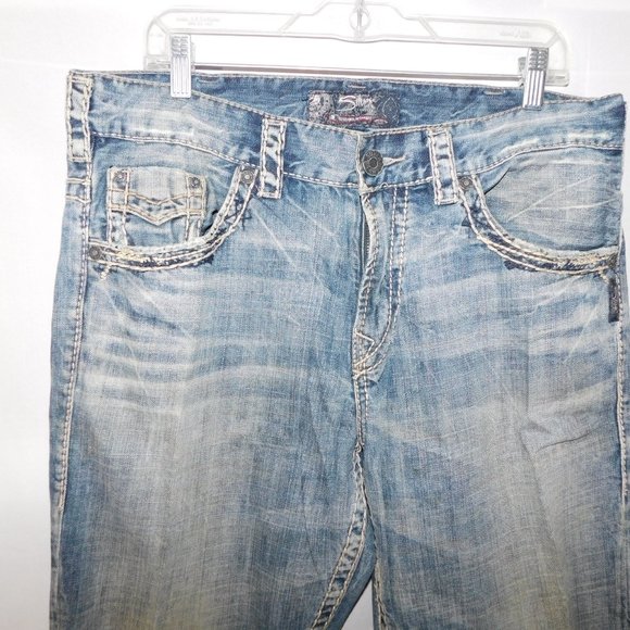 Silver Mens 34 / 32 Flap Jeans Blue Loose Fit Straight Leg Distressed - Picture 6 of 15